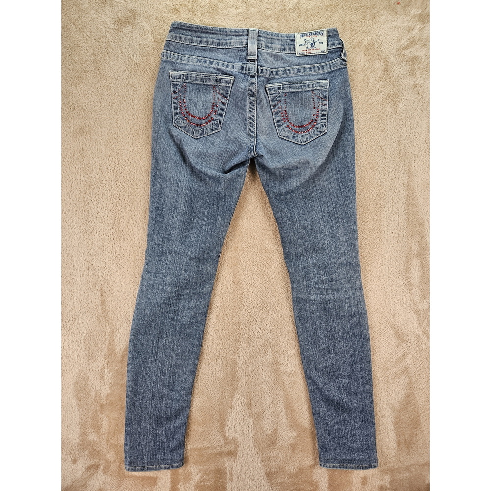 Made in USA True Religion Skinny Jeans Women's Size 26 Red Crystals on Back Pock - Picture 2 of 10